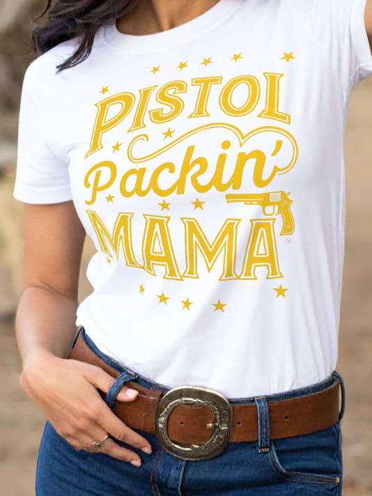 Pistol Packin MAMA (BW) Western Tee detail showing bold distressed typography and frontier imagery