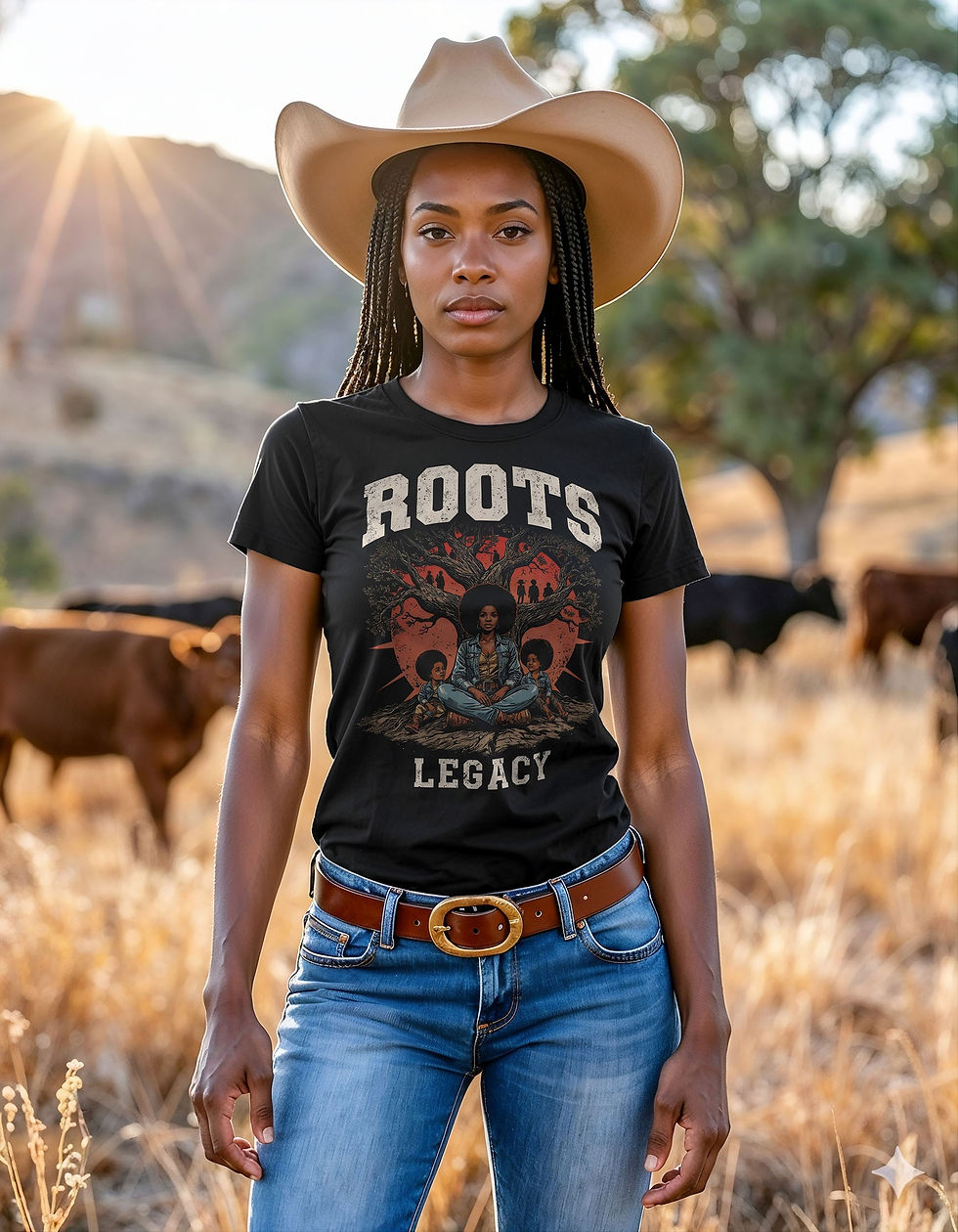 The Keeper graphic tee — central seated woman with an afro beneath a tree, family gathered around her in warm burnt-orange tones, ROOTS and LEGACY collegiate lettering on black
