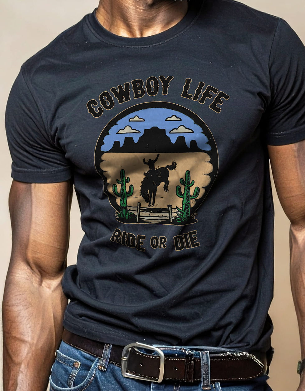 Cowboy Life Ride Or Die (BN) Western Tee detail showing bold distressed cowboy imagery and brotherhood typography