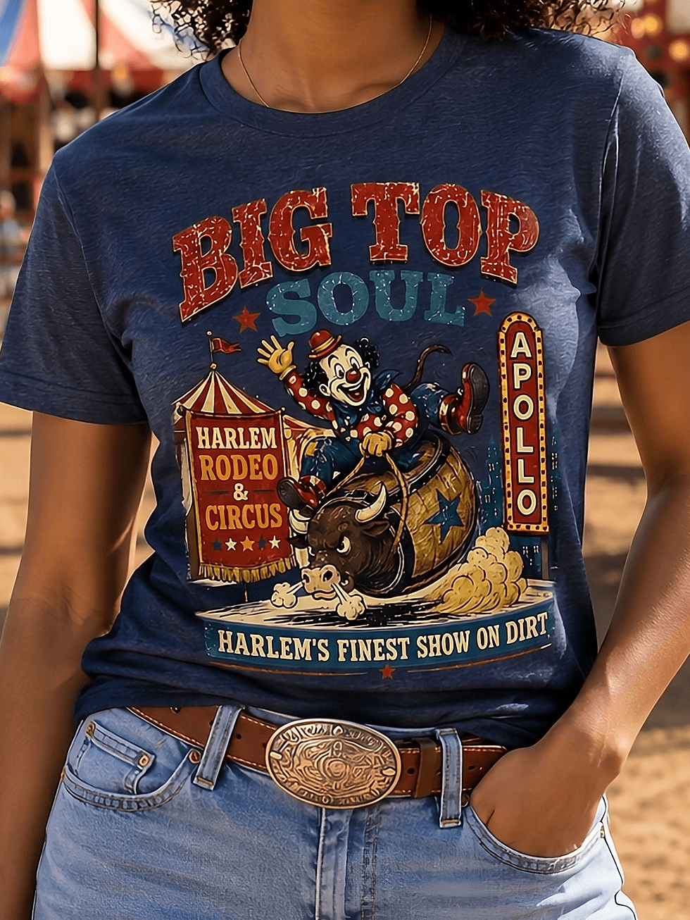 BIG TOP SOUL Tee close-up showing detailed performer illustration and Harlem's Finest Show On Dirt typography