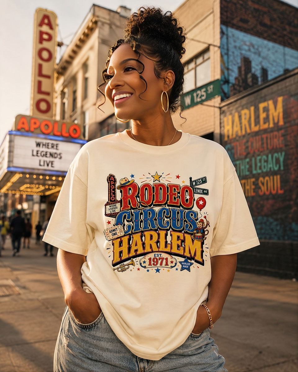Rodeo Circus Harlem Tee worn by melanated female model, urban cowboy apparel harlem graphic tee