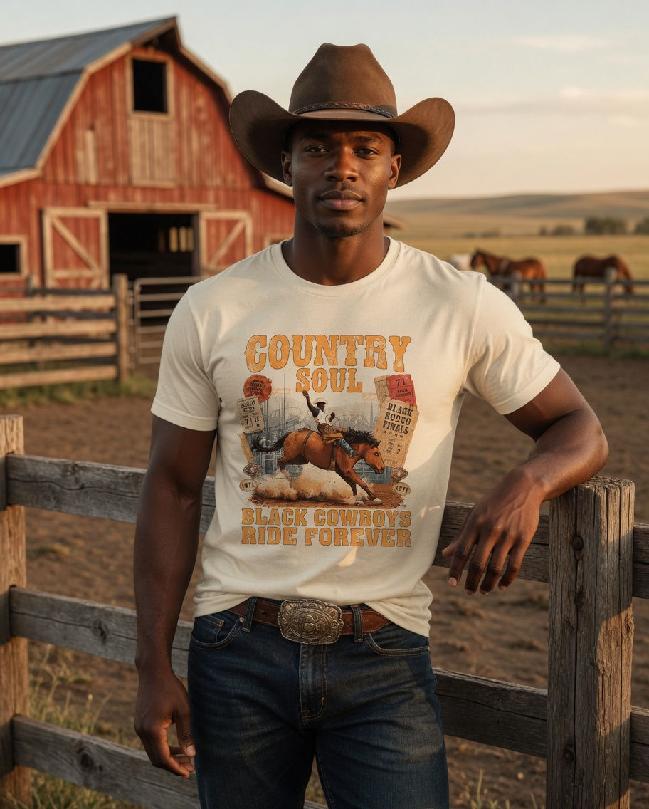 Rodeo Star Country Soul Tee worn by male model, cream tee with bronc rider and rodeo graphic, Black Cowboys Ride Forever