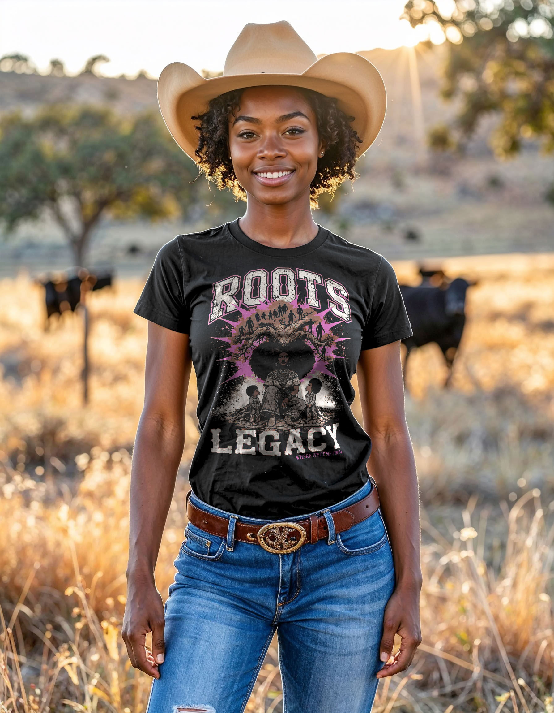 Black graphic tee featuring Where We Come From design with intergenerational community gathered together with visible roots,