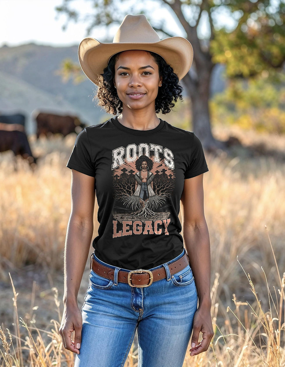 Black Roots graphic tee — central standing figure anchored above spreading roots in warm rust and tan earth tones, ROOTS and LEGACY collegiate lettering on black