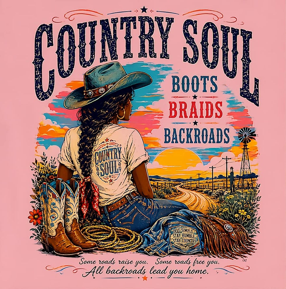 Thumbnail: Sunset Dreams Country Soul Tee close-up showing sunset and cowgirl graphic with warm vintage typography