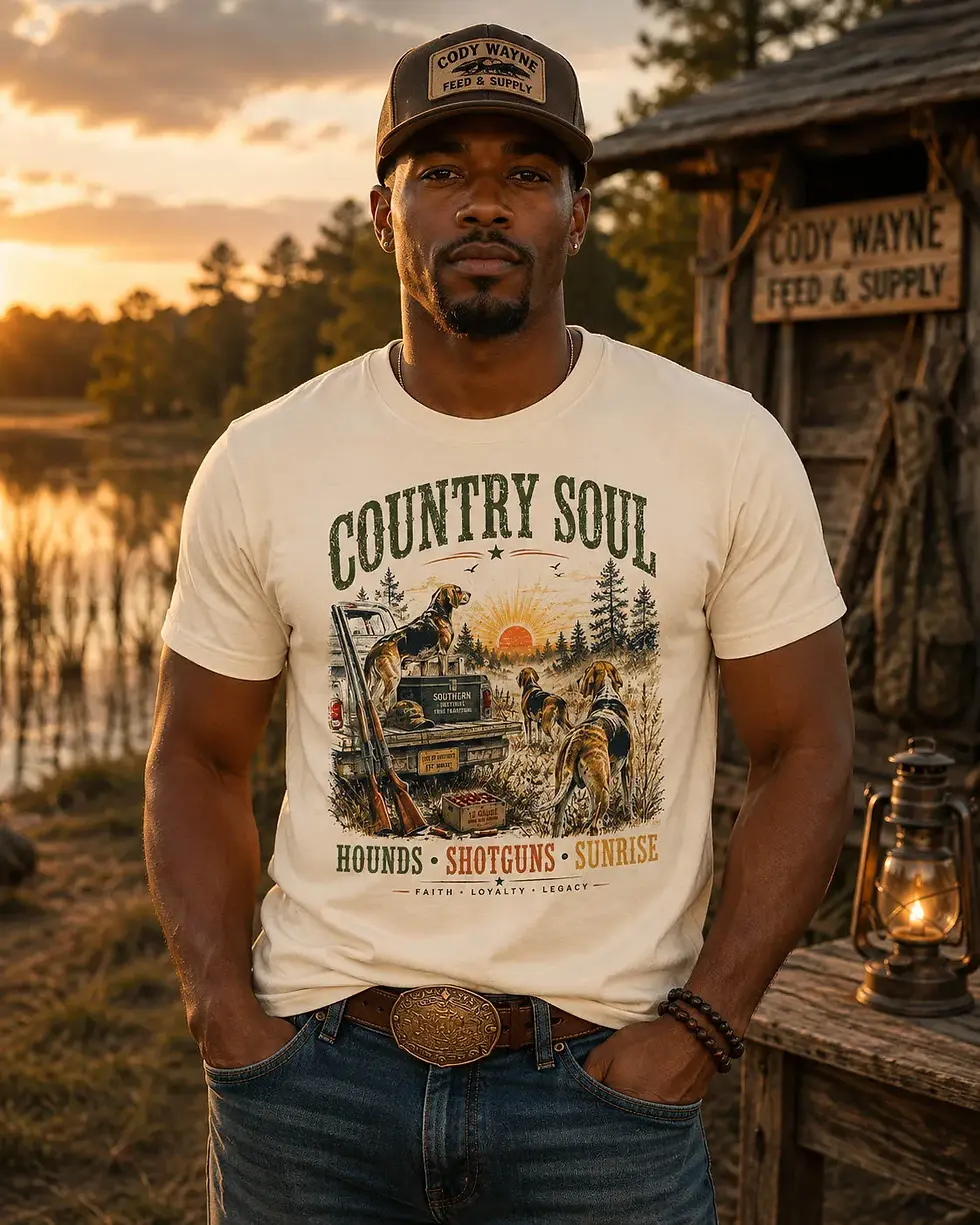 Early Morning Country Soul Tee worn by male model, cream tee with hunting hounds and sunrise graphic, Hounds Shotguns Sunrise Faith Loyalty Legacy