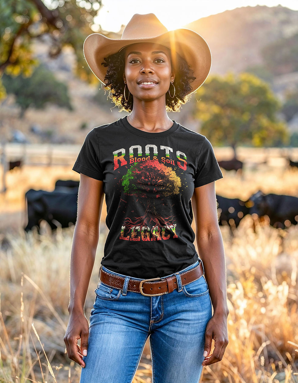 Blood & Soil graphic tee — a tree with blood-red roots and fiery orange branches, ROOTS and LEGACY collegiate lettering on black