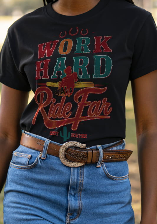 Thumbnail: Work Hard Ride Far Western Tee detail showing bold distressed typography and visionary imagery