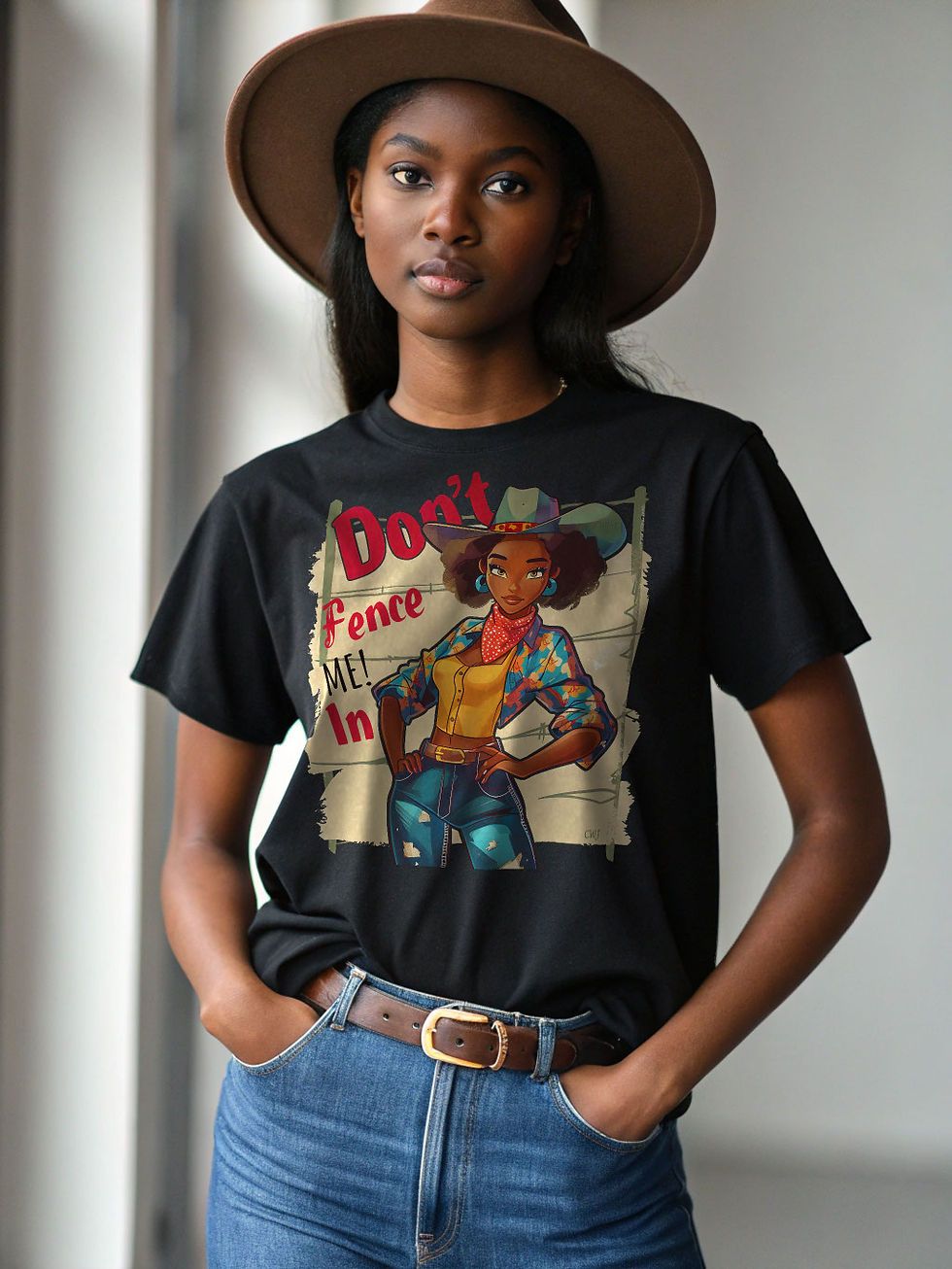 Don't Fence Me In (G) Western Tee worn by melanated female model, showcasing freedom graphic design