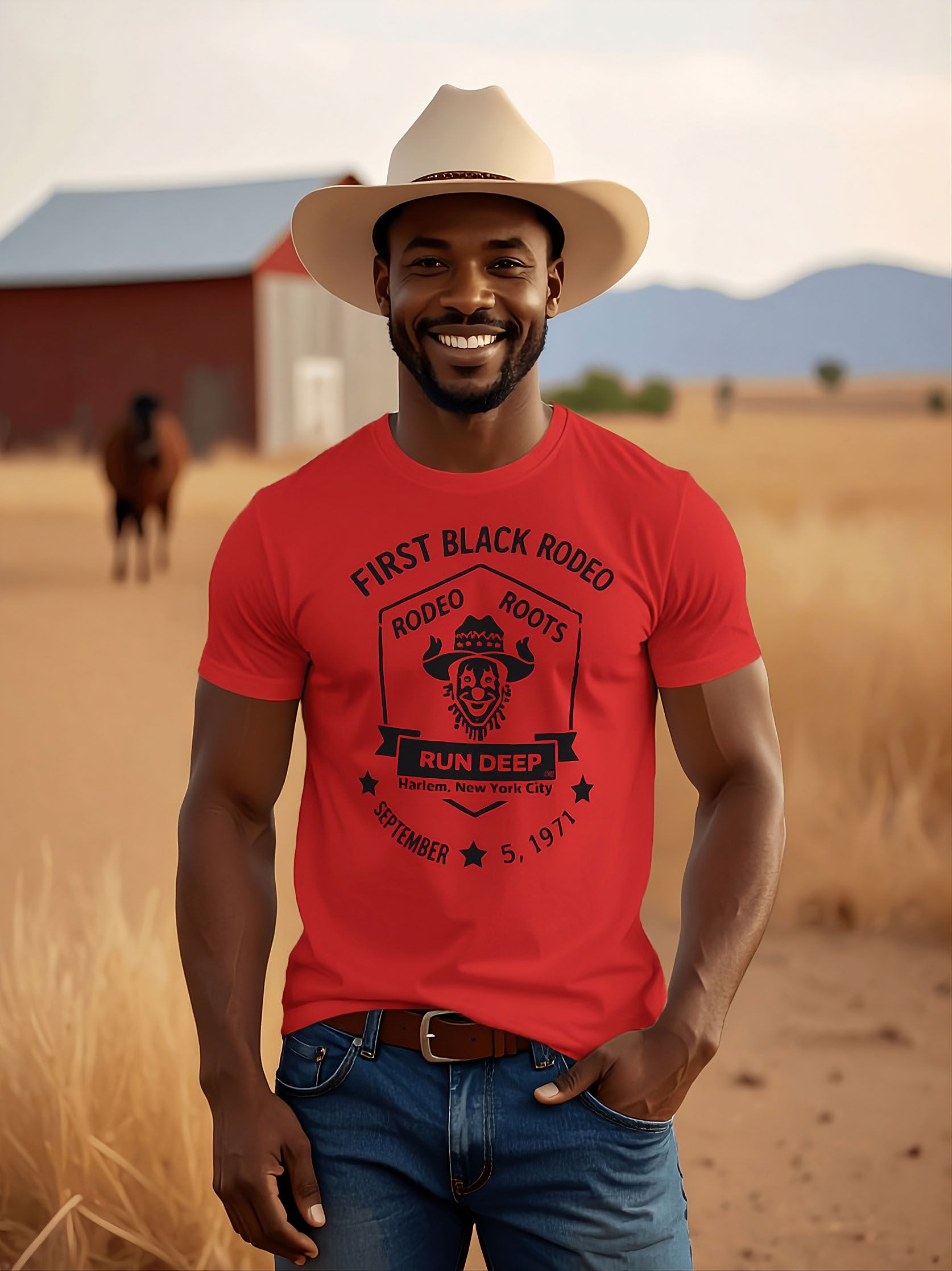 First Black Rodeo Western Graphic Tee worn by melanated model, African American rodeo history commemorative graphic tee