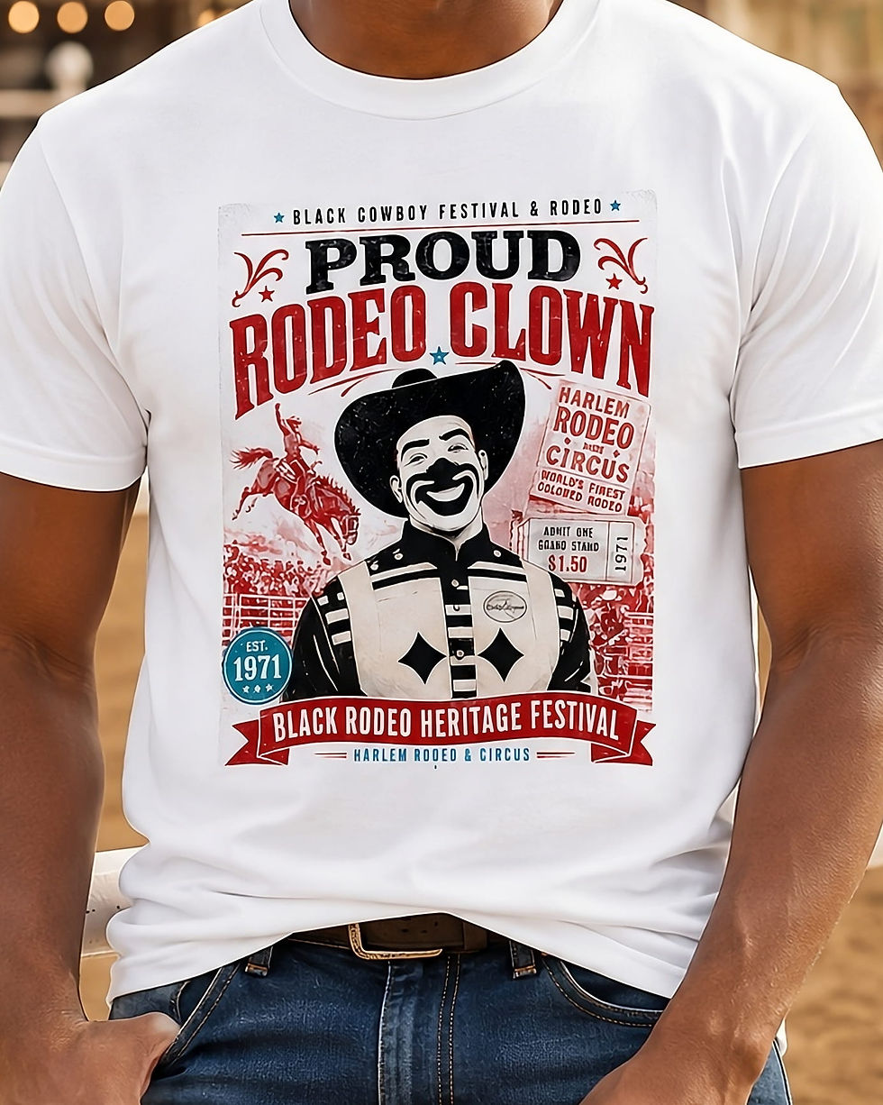 Proud Rodeo Clown Tee close-up showing bold rodeo clown graphic and distressed typography