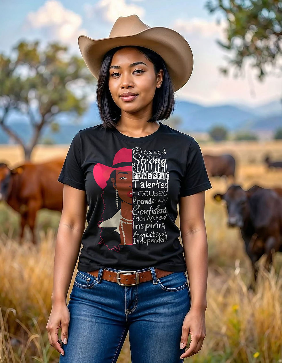 Strength N Words Western Graphic Tee worn by melanated female model, displaying vocal power and female conviction graphic