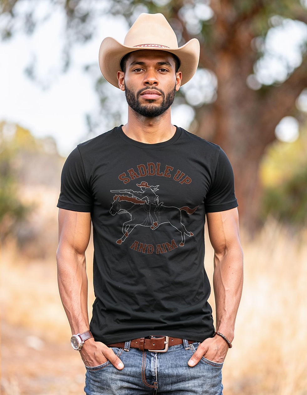 Saddle Up And Aim Western Tee worn by melanated male model, displaying bold western graphic design