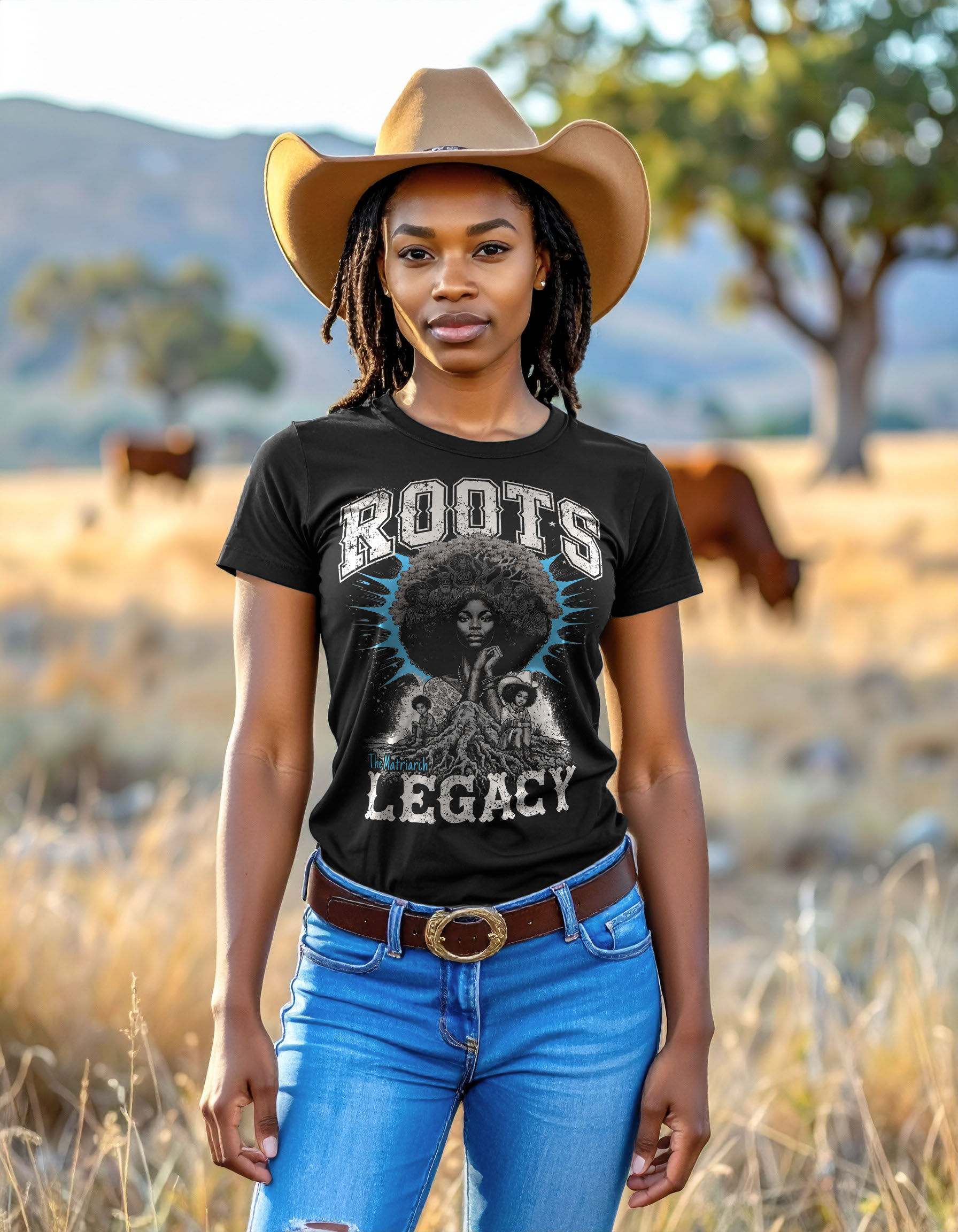 Black graphic tee featuring The Matriarch design with central woman with detailed afro, intergenerational women and children