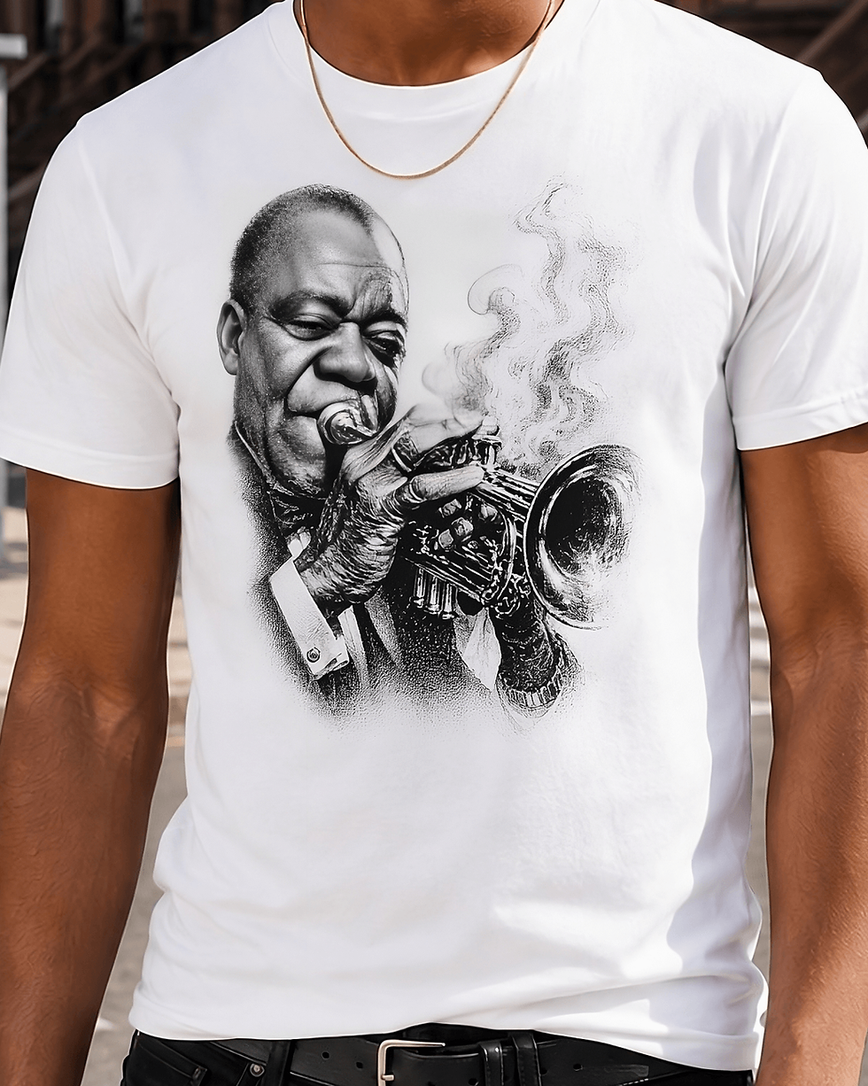 Brass Tee close-up showing detailed trumpet player illustration and vintage print texture