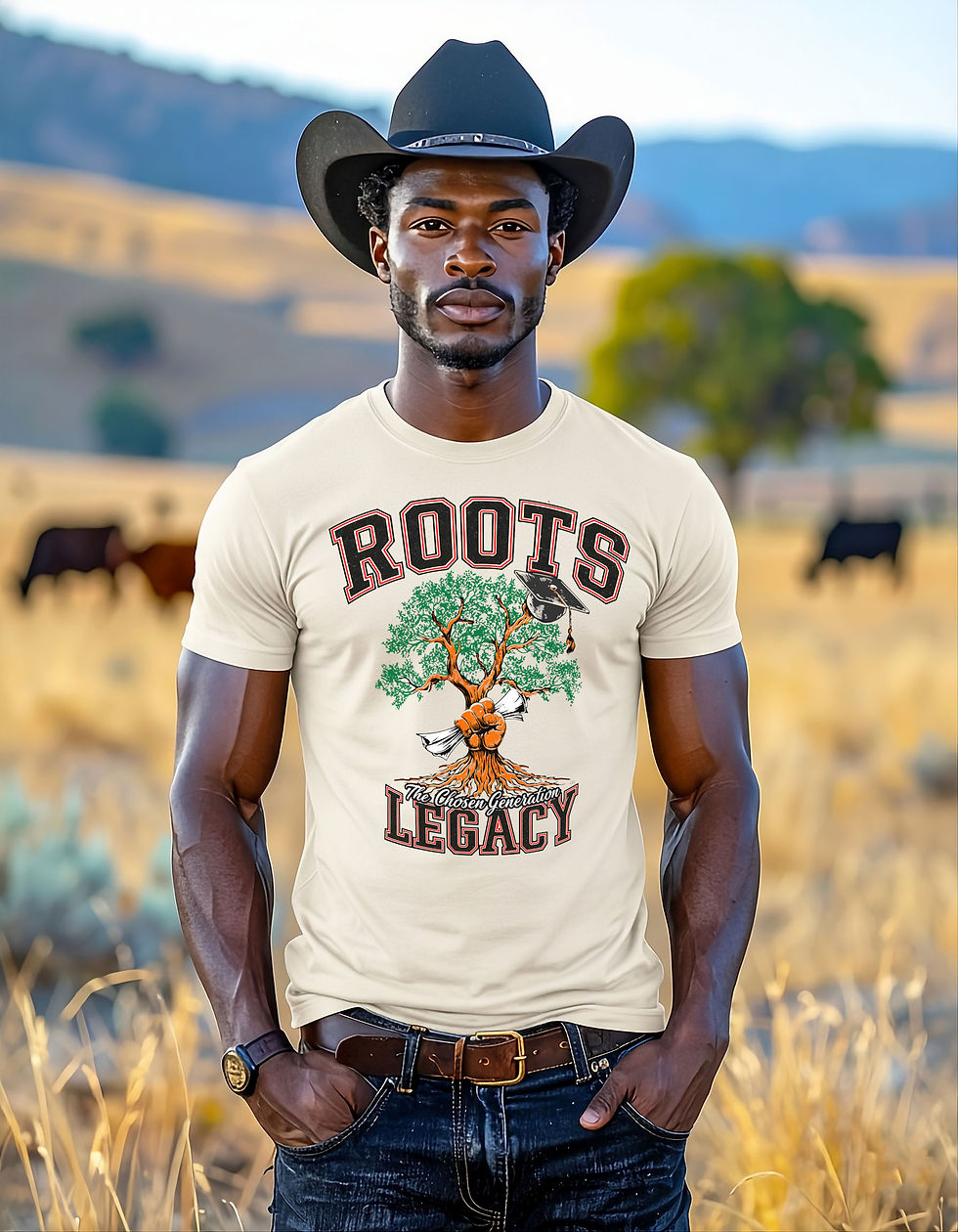 The Chosen Generation graphic tee — a graduation cap resting in a green tree with maroon ROOTS and LEGACY collegiate lettering on a cream shirt