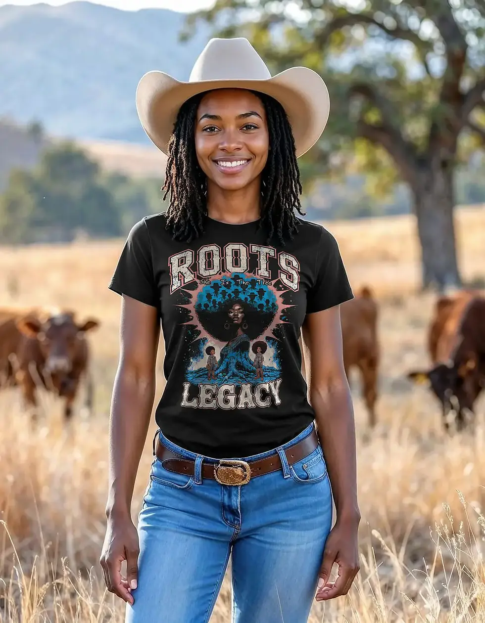 She Is The Tree graphic tee — woman's afro rendered as a living tree with a teal halo and figures gathered at the roots, ROOTS and LEGACY collegiate lettering on black