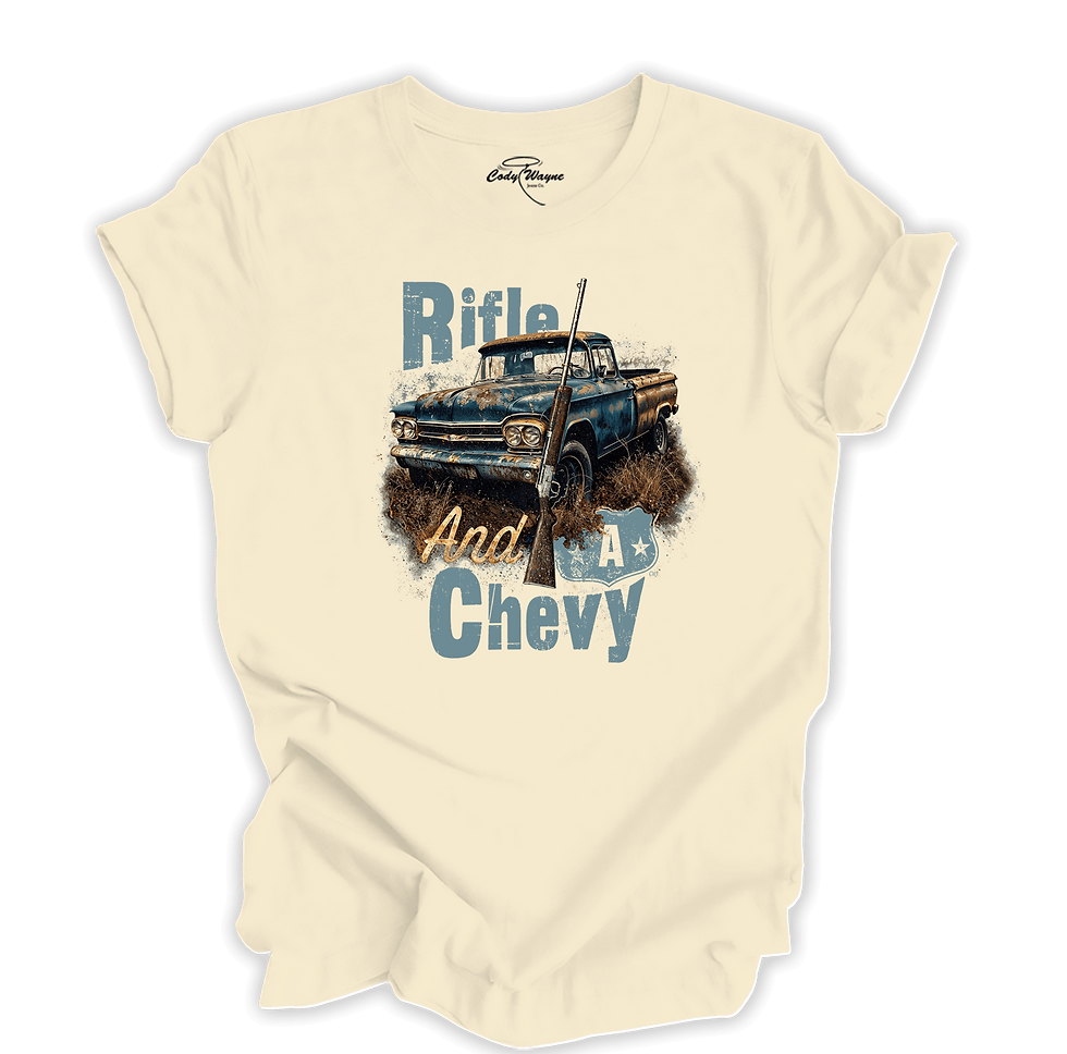 Thumbnail: Rifle And A Chevy 2 Western Tee flat lay displaying full front graphic with evolved rifle and Chevy theme