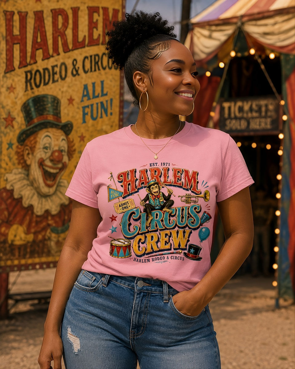 Harlem Circus Crew Tee worn by melanated female model, harlem rodeo culture graphic tee vintage design