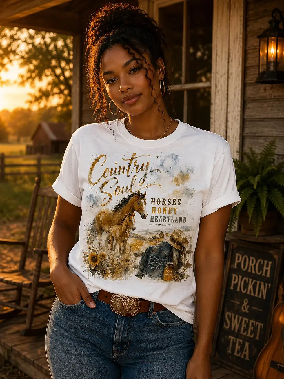 Heartland Country Soul Tee worn by female model, white tee with watercolor horse and sunflowers, Horses Honey Heartland