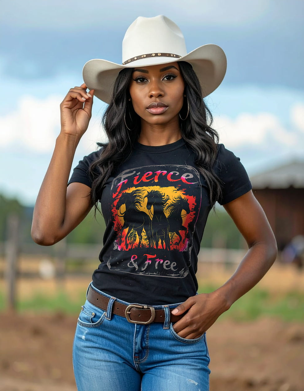 Thumbnail: Fierce & Free SS Tee — Black Western Woman Graphic Tee