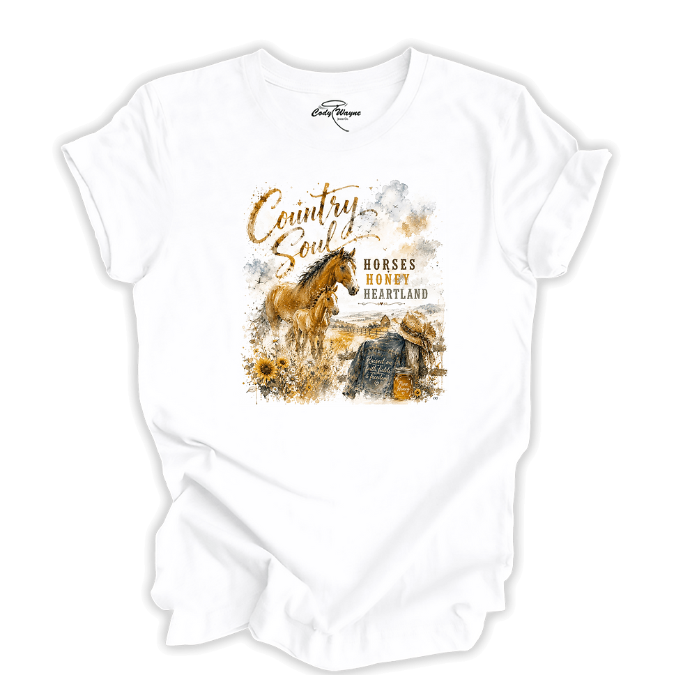 Thumbnail: Heartland Country Soul Tee flat lay showing full front heartland graphic design