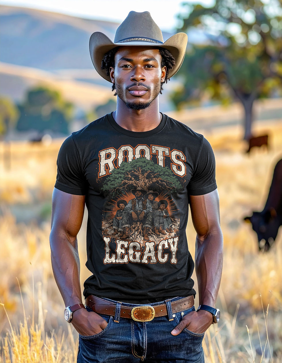 They Watched Us Grow graphic tee — intergenerational figures gathered beneath a mighty green tree in warm earth tones, ROOTS and LEGACY collegiate lettering on black