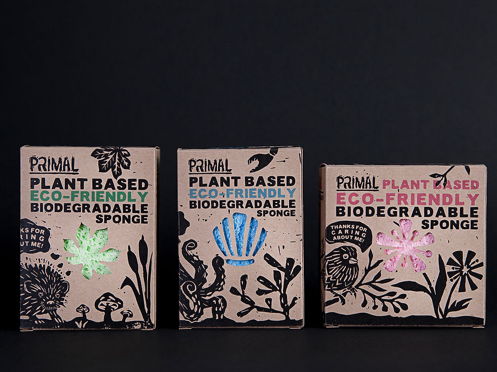 Eco-friendly branding, linocut-style packaging and photography for Primal Natural Sponges by Hamster & Hammer.