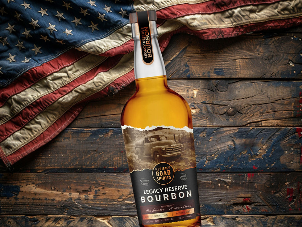 Vintage bourbon label design and brand identity inspired by American road culture and heritage.