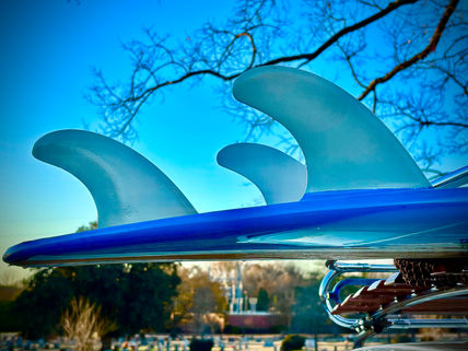 Surf board details of custom board on top of Smurf