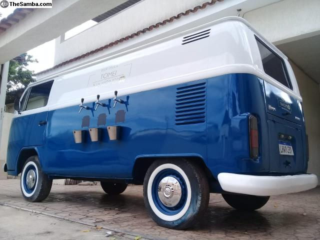 vw beer truck in blue and white