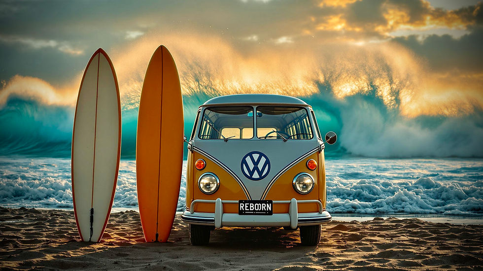 seaside beach photo of a classic vw bus and surfboards.