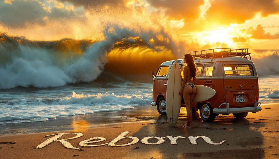 VW bus at the beach with a swimsuit model at sunset...or sunrise.