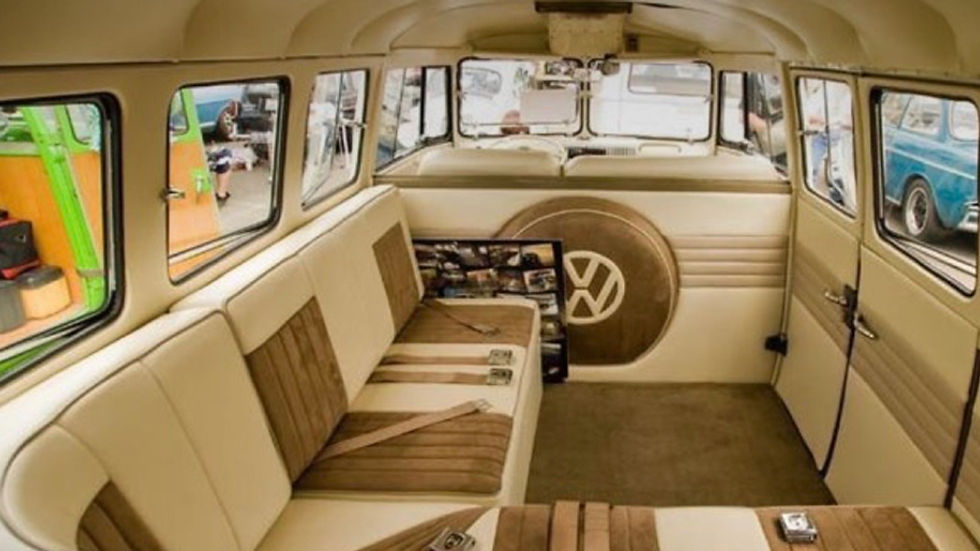interior view of a leather modified vw bay window bus