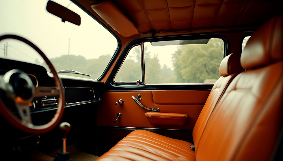 Close-up view of a custom interior showcasing vintage style and modern features