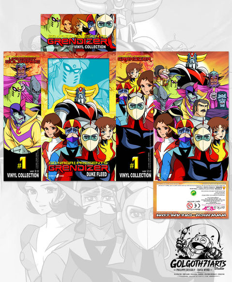 Unfolded layout of the Grendizer Vinyl Collection packaging, entirely designed and illustrated by Golgoth71Arts Studio.