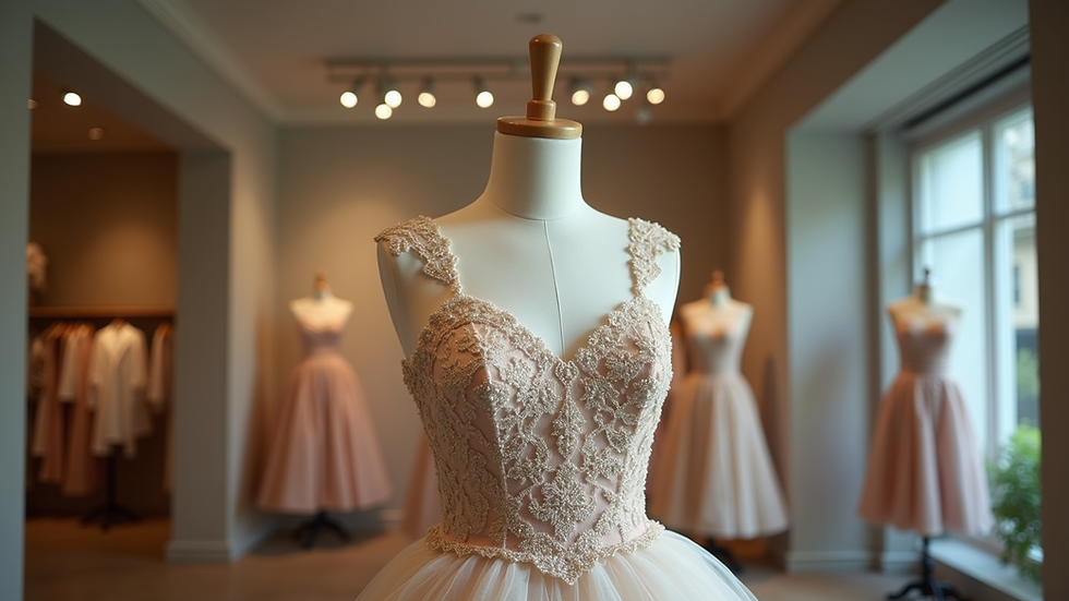 Eye-level view of a formal dress on a mannequin in a boutique