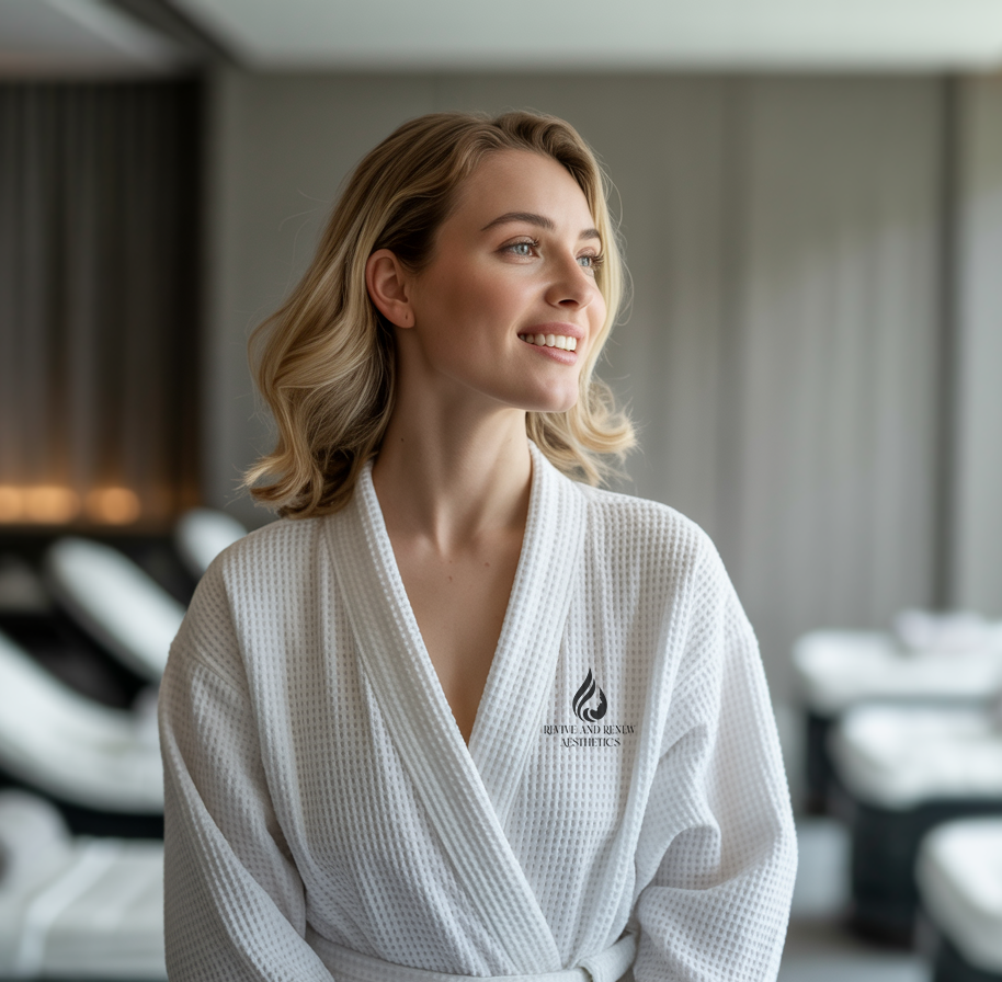 Woman standing in Revive and Renew Aesthetics Robe
