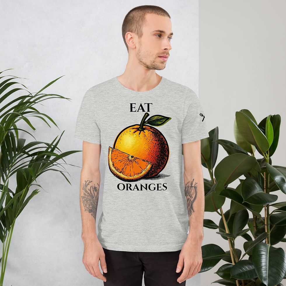 Thumbnail: Man wearing grey Eat Oranges graphic t-shirt with orange fruit design