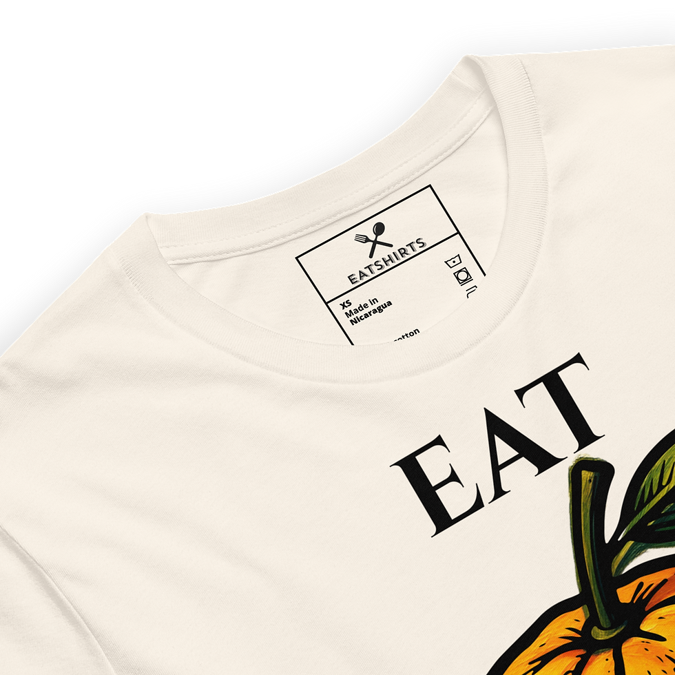 Thumbnail: Cream Eat Oranges graphic t-shirt close-up showing collar and print detail