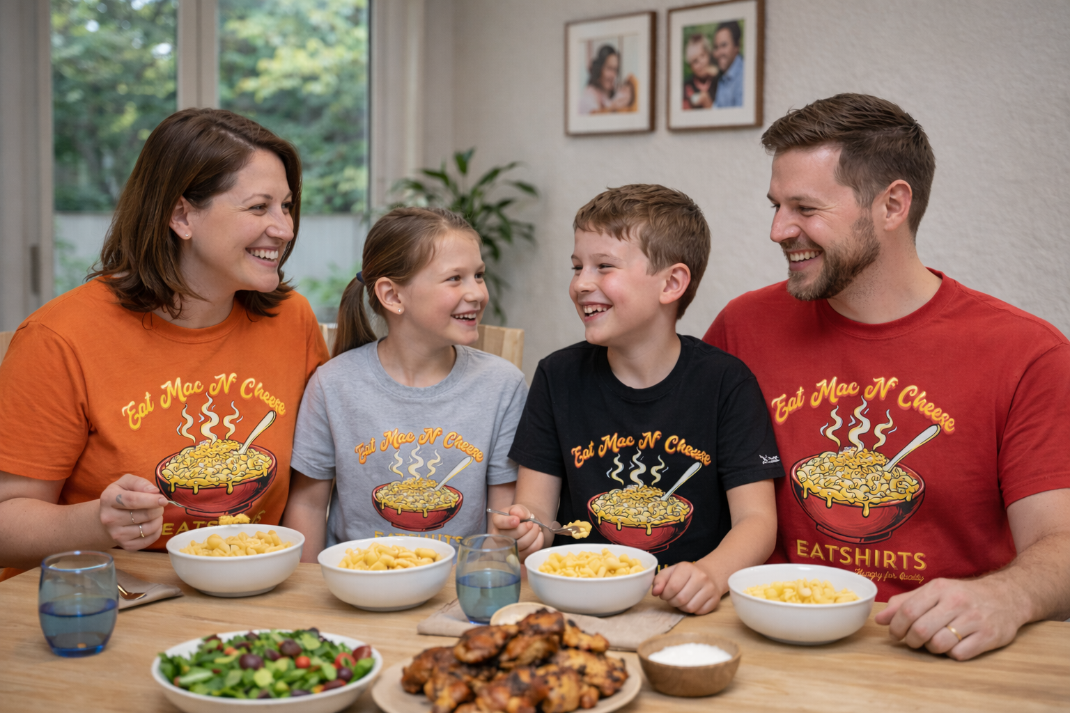 Family wearing Eat Mac N Cheese shirts at dinner