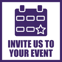 Purple calendar with text reading: Invite Us to Your Event