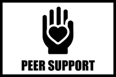 Hand with a heart on the palm. Text reads Peer Support