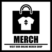 Black shopping bag with a tee shirt on it on a white background. Text reads Merch: Visit our Online Merch Shop