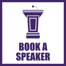 Purple podium with text reading: Book a Speaker