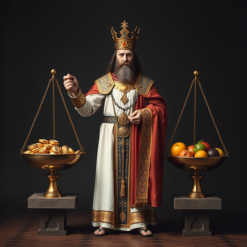a king standing in front of balancing scales with gold pocessions on one bowl and fruit in