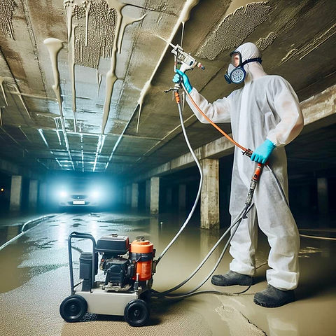 Uomo che inietta resina nel soffitto in cemento armato al piano interrato
