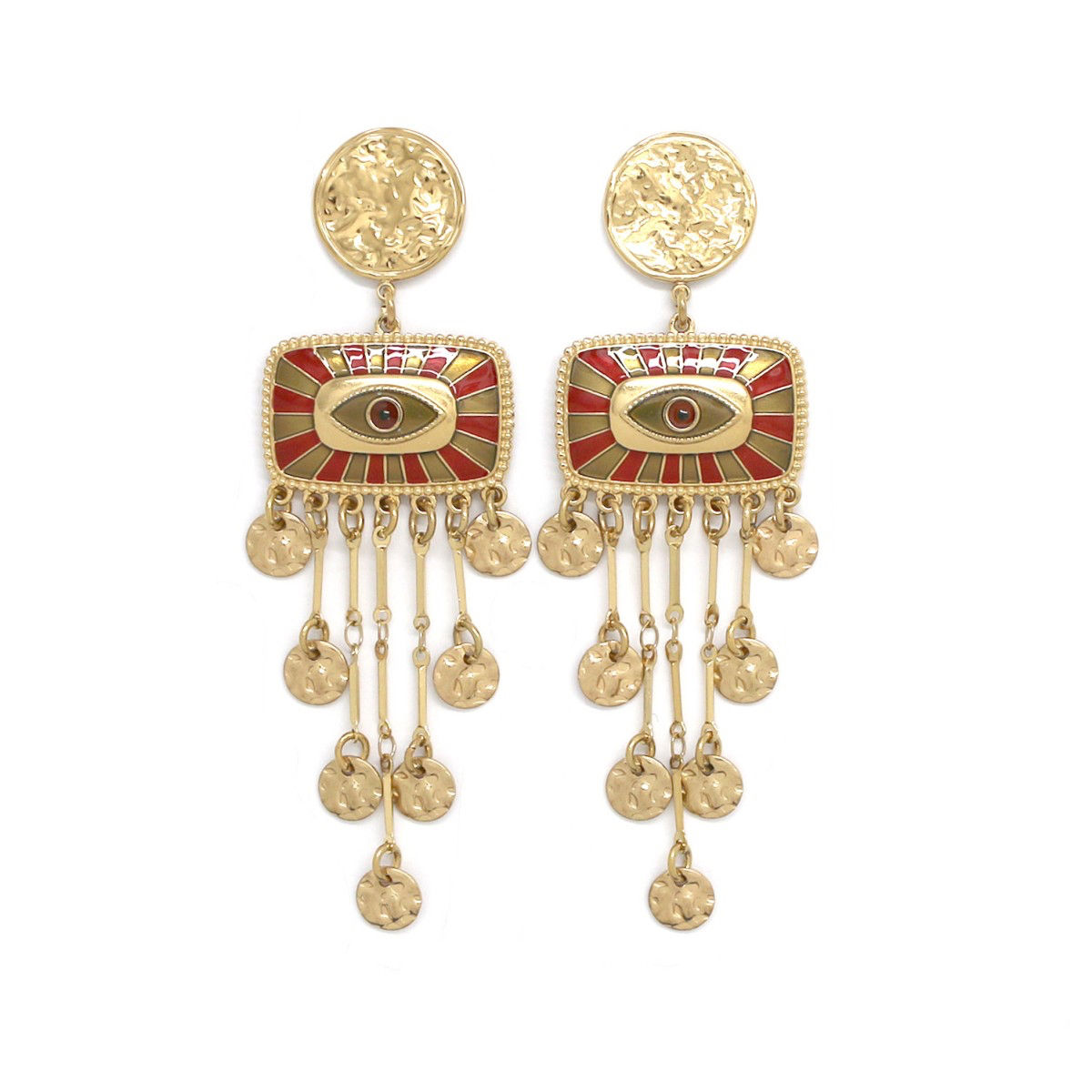 Boucles d'oreilles HABAHA - rectangle oeil frange sequin doré - B8378