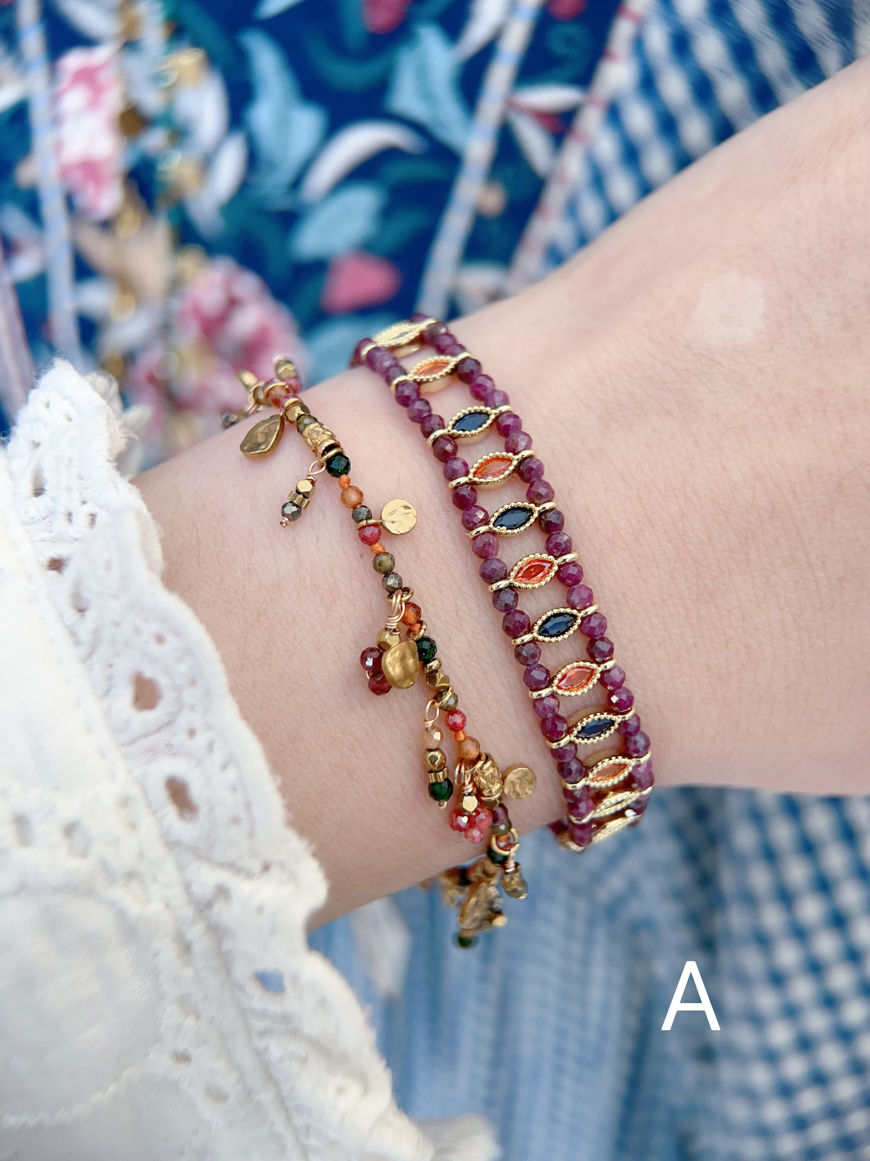 Bracelet HABAHA - double lignes perlés pierres lien avec strass ovales A