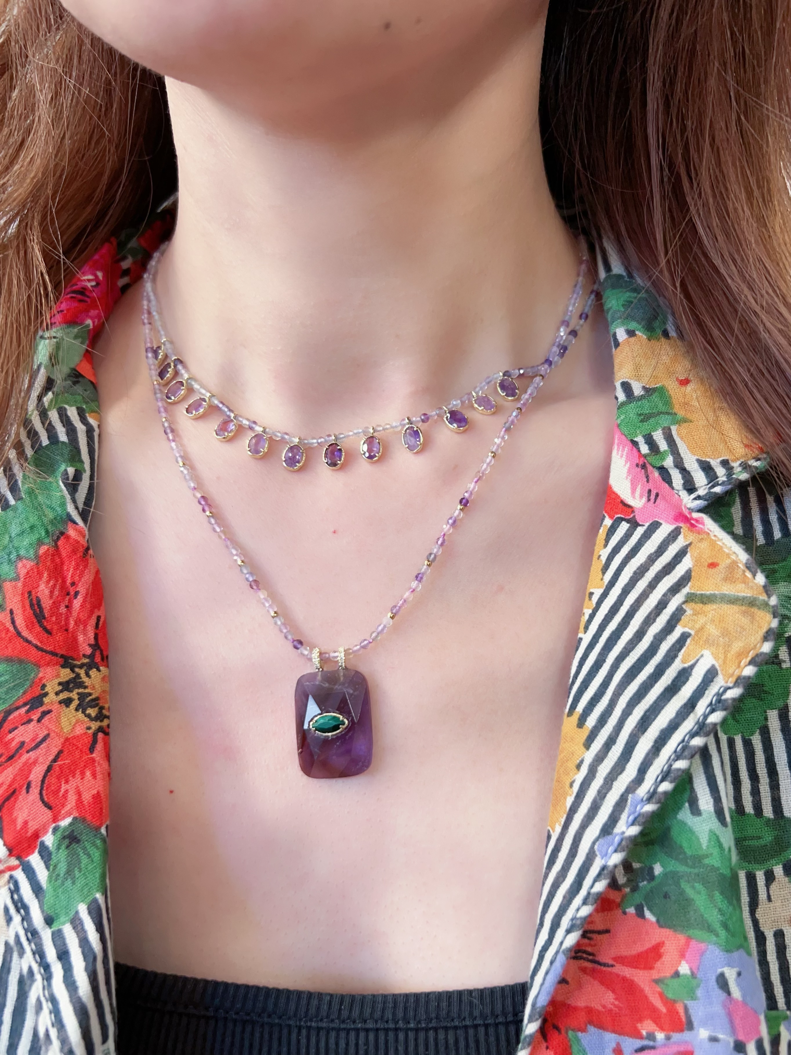 Collier HABAHA - perlé pierre unique pendentif rectangle oeil